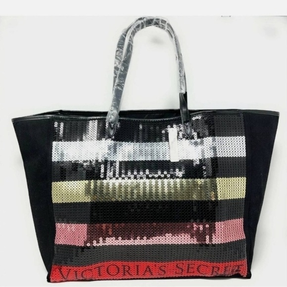 Nwt VICTORIA'S SECRET STRIPED SEQUIN BLACK PINK RED LOGO TOTE - Picture 10 of 13